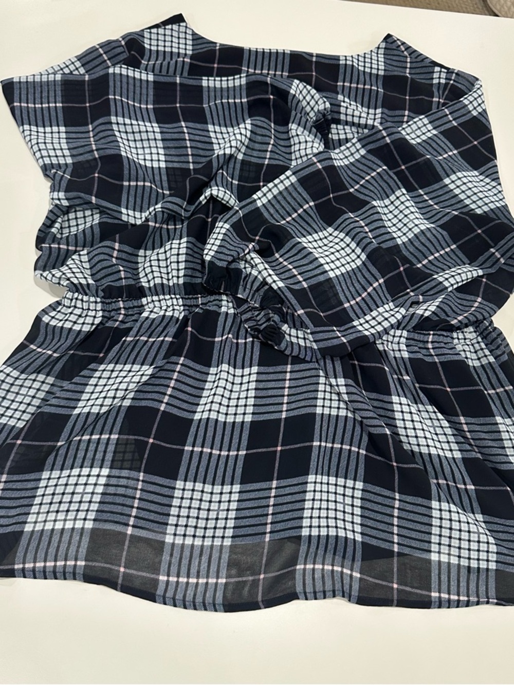 Lane Bryant Navy and Light Blue Plaid V-Neck Button Front Top - Picture 2 of 4